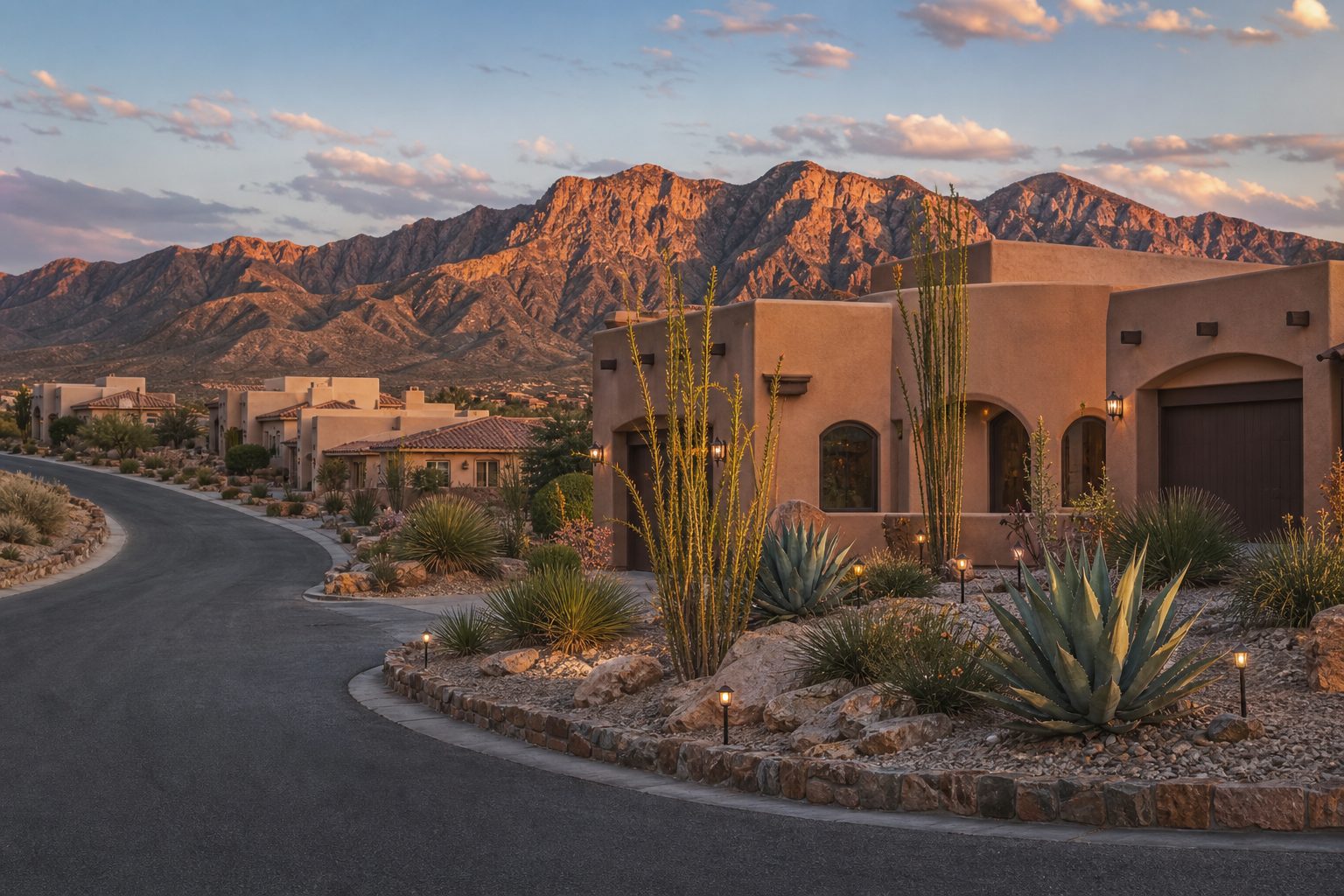 El Paso desert neighborhood below the Franklin Mountains at golden hour
